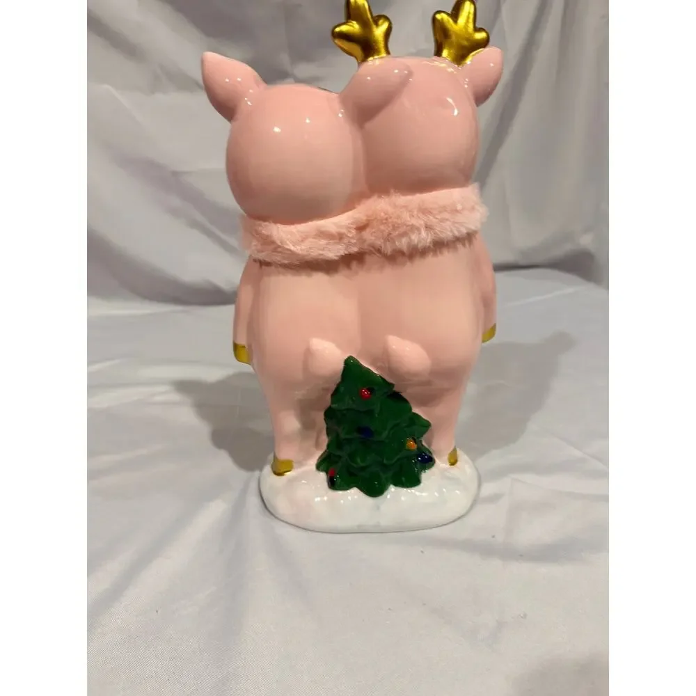 Bella Lux 11” Pink Reindeer Ceramic Figurine Christmas Decor Antlers Faux Fur